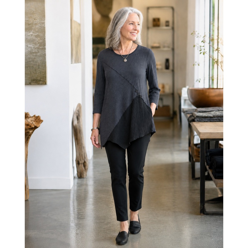 Habitat Asymmetrical Tunic Top Textured Crinkle Gray Colorblock Small Lagonlook - Picture 9 of 10